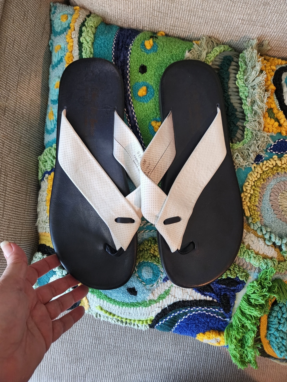 Saks Fifth Avenue Black Footbed White Strap Slide Sandals